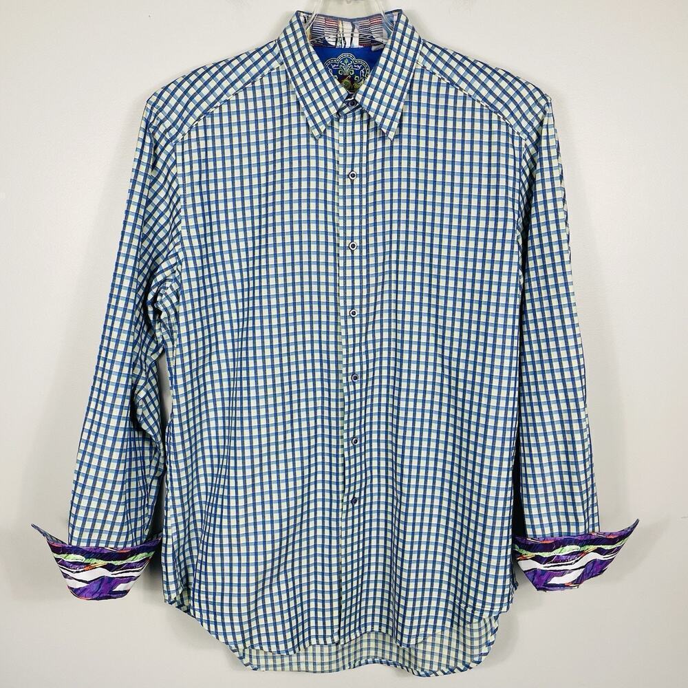 Robert Graham Flip Cuff Shirt Size Medium Blue Plaid Classic Colorful Preppy - Picture 1 of 14